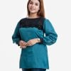 Women's A-line tunic in design georgette fabric. Boat neck, full cuff sleeves. Floral lace work at the front.