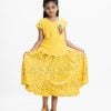 Kid girl's woven set in georgette fabric with viscose inner. Cap sleeves, flower design karchupi at the front. Comes with a concealed elasticated with two pockets floral printed skirt.