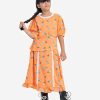 Kids girl woven set in georgette fabric. Round neck with lace work, short-sleeved. Attached belt at the waistline and a skirt with frill trims at the hemline and lace at the front.