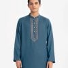 Men's slim fitted solid color panjabi in Jacquard fabric. Mandarin collar, full sleeves. Karchupi at front.