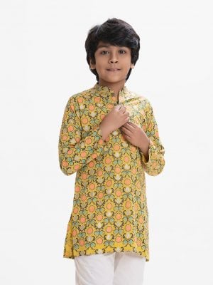 Kid boys printed panjabi in viscose fabric. Mandarin collar with metal buttons placket and inseam pockets.