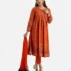 Women's ethnic printed A-line Salwar Kameez in viscose fabric. Round neck, full sleeves and box pleated at the front of kameez. Chiffon dupatta with culotte palazzo pants.