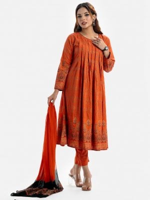 Women's ethnic printed A-line Salwar Kameez in viscose fabric. Round neck, full sleeves and box pleated at the front of kameez. Chiffon dupatta with culotte palazzo pants.
