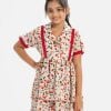 Kid girls layer style frock in printed georgette fabric. Lapel collar, lace work at front and short-sleeves hem.