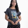 Women's T-shirt in stretched cotton knit fabric. Crew neck and ruffle sleeves. Print on the chest.