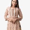 Women's layer style long tunic from upper in printed georgette fabric and full inner in printed viscose fabric. Pleat waist with both side tassel cords.