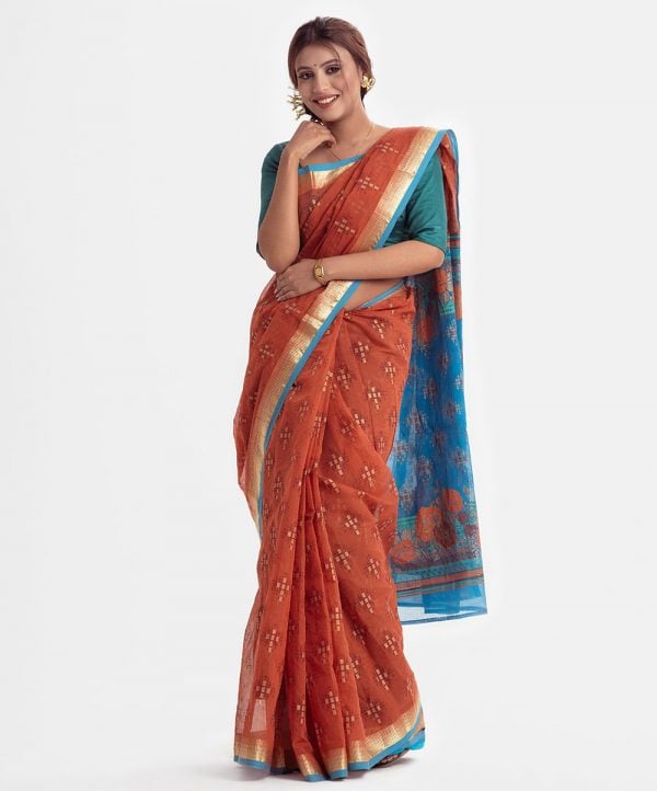 All-over printed saree in half-silk fabric. Patch attached at the border.
