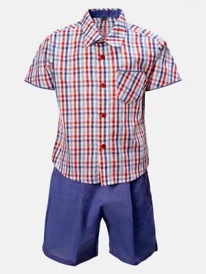 Newborn baby boy's check shirt pants set in cotton fabric. Classic collar, short sleeves and a chest pocket.