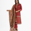 Women's floral printed Salwar Kameez in zoom fabric. V-neck, full sleeves and karchupi at the front of kameez. Half-silk dupatta with crepe palazzo pants.