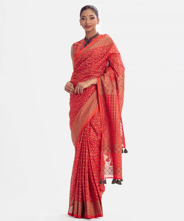 All-over printed saree in blended cotton fabric. Embellished with embroidery, and fringe trim at the border of anchal.