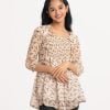 Teen girl tent-style woven top in georgette fabric. Square neck, bishop sleeved. Frill trims and smoky at the front.