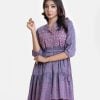 Women's flared style floral printed tunic in zoom fabric. Lapel collar with front buttons opening, three-quarter sleeves. Gathered waistline with tassel tie cord and embroidery at front.