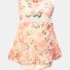 Sleeveless newborn baby girls floral printed frock in cotton fabric with short pant set. Lacework and bow at the front.