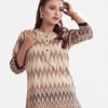 Chevron printed A-line tunic in cotton jacquard fabric. Stand Collar, bishop Sleeved and button fastening at the front.