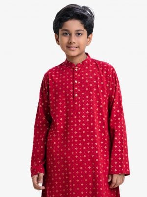 Kid boys ethnic printed panjabi in viscose fabric. Mandarin collar with metal buttons placket and inseam pockets.