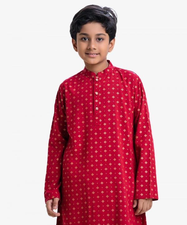 Kid boys ethnic printed panjabi in viscose fabric. Mandarin collar with metal buttons placket and inseam pockets.