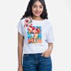 Teen girls T-shirt in stretched cotton knit fabric. Boat neck with bow tie and short sleeves. Painting print at front.