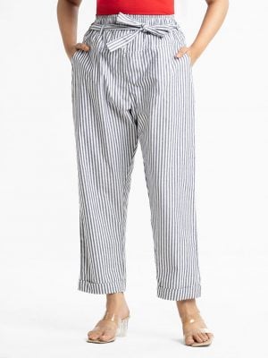 Women's stripe formal pant in blended cotton fabric. Front zipper fly and two side pockets. Self-tie belt attaches at waistline.
