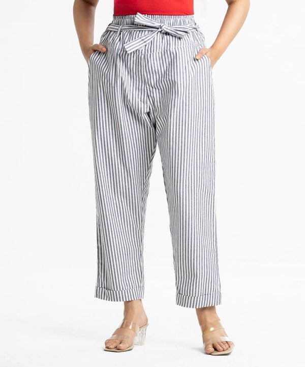 Women's stripe formal pant in blended cotton fabric. Front zipper fly and two side pockets. Self-tie belt attaches at waistline.