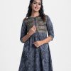 Women's printed frock style long tunic in crepe fabric. Stand collar, three-quarter sleeves. Patch with karchupi at the front.
