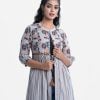 Printed A-line long shrug in viscose fabric. Stand collar with front opening with tassel tie. three-quarter sleeves.with Karchupi at the waist part.