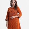 Women's ethnic printed straight kameez in zoom fabric. Boat neck, three-quarter sleeves. Heavy karchupi at the front.