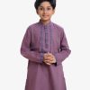 Kid boys printed panjabi in Jacquard cotton fabric. Patchwork at front and sleeves hem and inseam pockets.