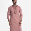Men's slim fitted panjabi in cotton blended fabric. Embroidery and karchupi at the mandarin collar and metal buttons placket.