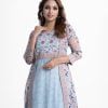 Floral printed three-quarter sleeved shrug style tunic in georgette fabric. karchupi and patch at the front and hemline. zoom fabric tunic.