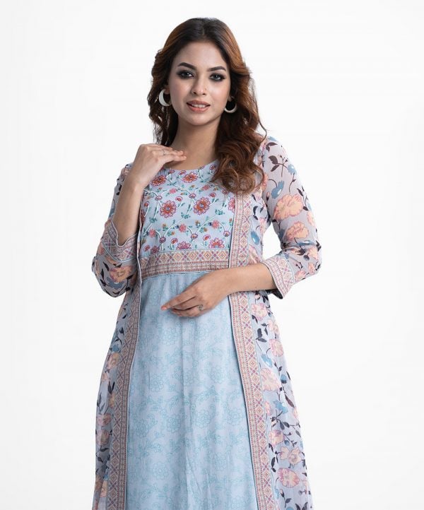 Floral printed three-quarter sleeved shrug style tunic in georgette fabric. karchupi and patch at the front and hemline. zoom fabric tunic.