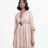 Women's floral printed pleated long tunic in zoom fabric. V-neck with tassel ties, and three-quarter sleeves. Karchupi on the chest and sleeves.
