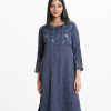 Floral printed straight kameez in crepe fabric. Round neck, full sleeves. Karchupi and embroidery at the front.
