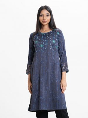 Floral printed straight kameez in crepe fabric. Round neck, full sleeves. Karchupi and embroidery at the front.