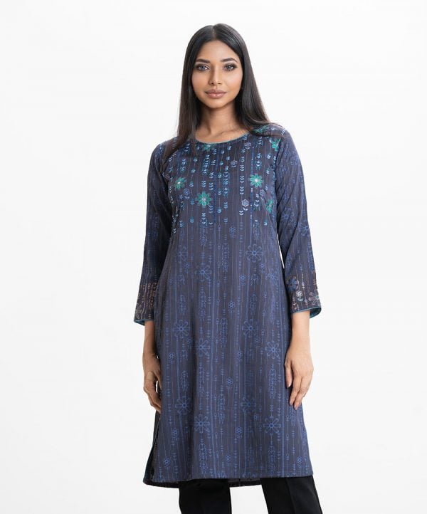 Floral printed straight kameez in crepe fabric. Round neck, full sleeves. Karchupi and embroidery at the front.