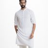 Men's all over printed slim fitted panjabi in viscose fabric. Mandarin collar, full sleeves. Inseam pockets. Line stitching at collar and placket.