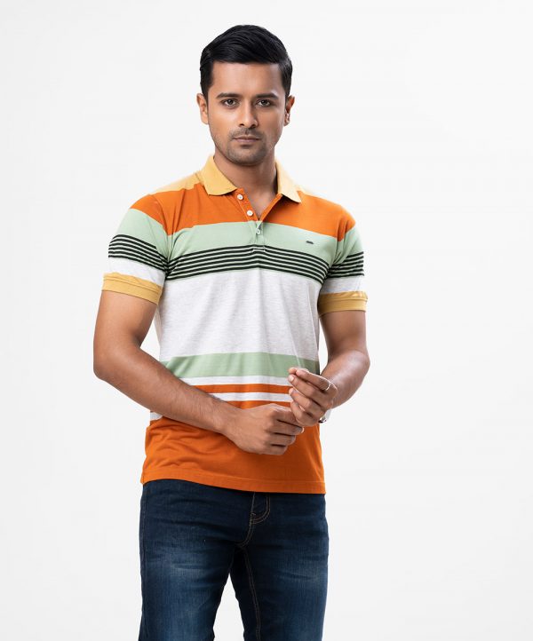 Men's stripe polo shirt in single jersey fabric. Classic collar with button placket and short sleeves.