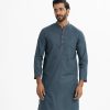 Men's stripes pattern slim fitted panjabi in cotton fabric. Mandarin collar, inseam pockets. Patch at placket & full sleeves cuff.