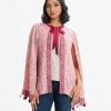 Women's abaya style cape in printed georgette fabric. Round neck with bow tie, full slit sleeves with tassels. Patch with karchupi at front.