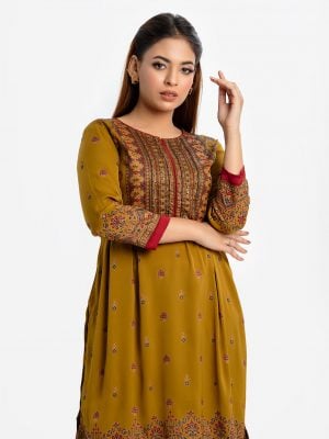 All over screen printed A line tunic with carchupi at half body. side slit and box pleats at waist line.