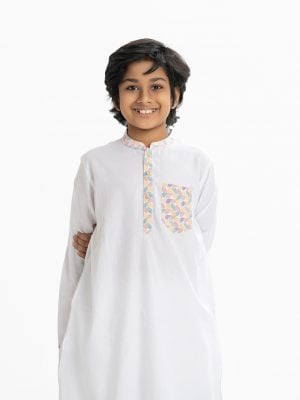 Kids boy panjabi in printed cotton fabric. Mandarin collar with inseam and a chest pocket.