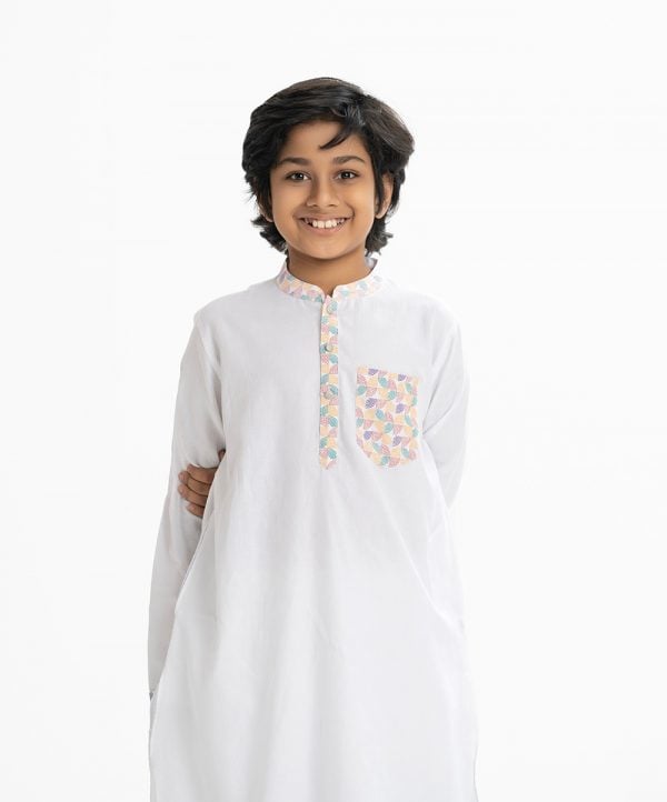 Kids boy panjabi in printed cotton fabric. Mandarin collar with inseam and a chest pocket.
