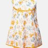 Sleeveless tent-style newborn baby girls frock in cotton fabric. All-over floral printed with lace work at chest and hemline. Round neck and completed with baby pants.