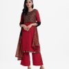 Women's straight salwar kameez in textured georgette fabric. Cutwork with karchupi at front and three-quarter sleeves kameez. Chiffon dupatta with palazzo pants.