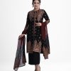 Ethnic printed straight salwar kameez in viscose fabric. Stand collar, full sleeves and karchupi at the front of kameez. With a chiffon dupatta and palazzo pants.