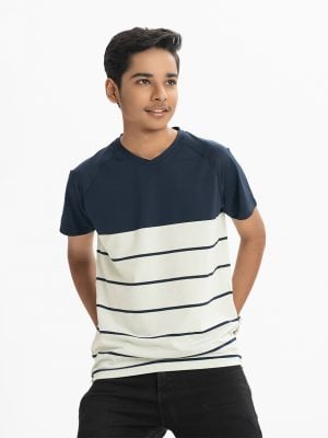 Teen boys blue and mint color short-sleeved t-shirt in mercerized cotton with lycra fabric and raglan neck.