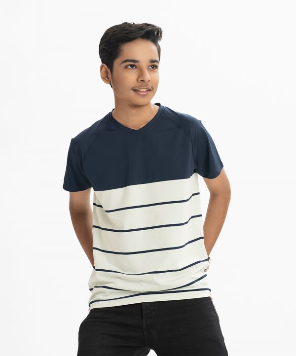 Teen boys blue and mint color short-sleeved t-shirt in mercerized cotton with lycra fabric and raglan neck.