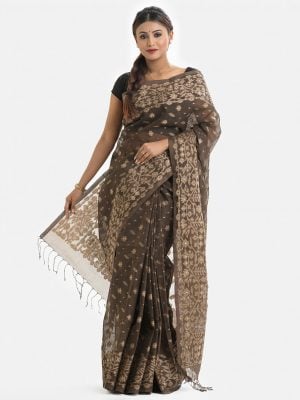 Women's traditional saree in cotton fabric. Embellished with weaving details and fringe trim at the achal.