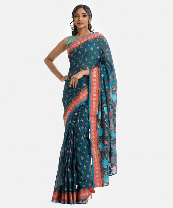 Women's printed saree in cotton fabric with embroidary at achal.