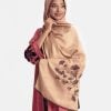 Women's karchupi detailed and floral printed hijab in jacquard satin fabric.
