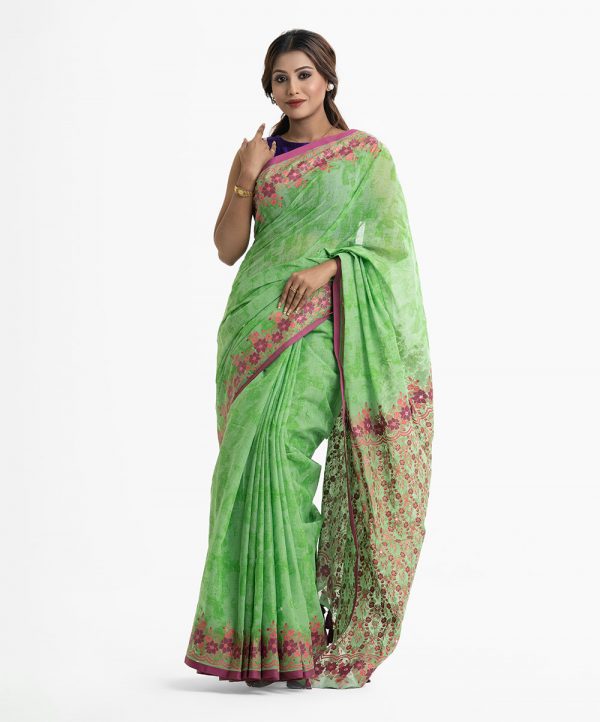 Women's all over printed saree in cotton fabric. Embellished with embroidery and tassel at the achal.